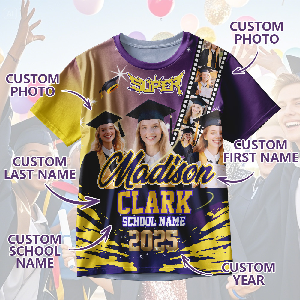 Custom Graduation T-Shirts Personalized All Over Print Shirt with Photo Graduation Party Gift