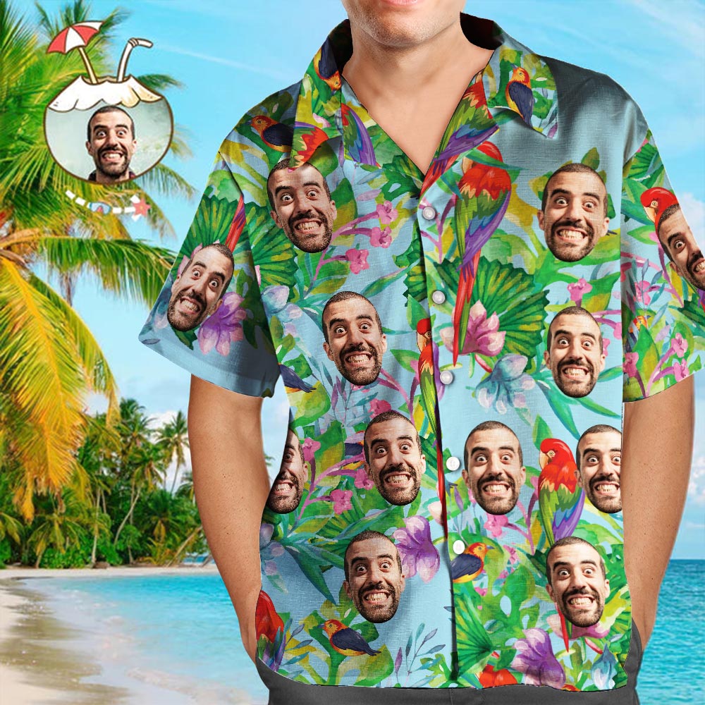 Custom Photo Hawaiian Shirt Parent-child Wears Personalised Face Hawaiian Shirt Gift Colorful Parrot