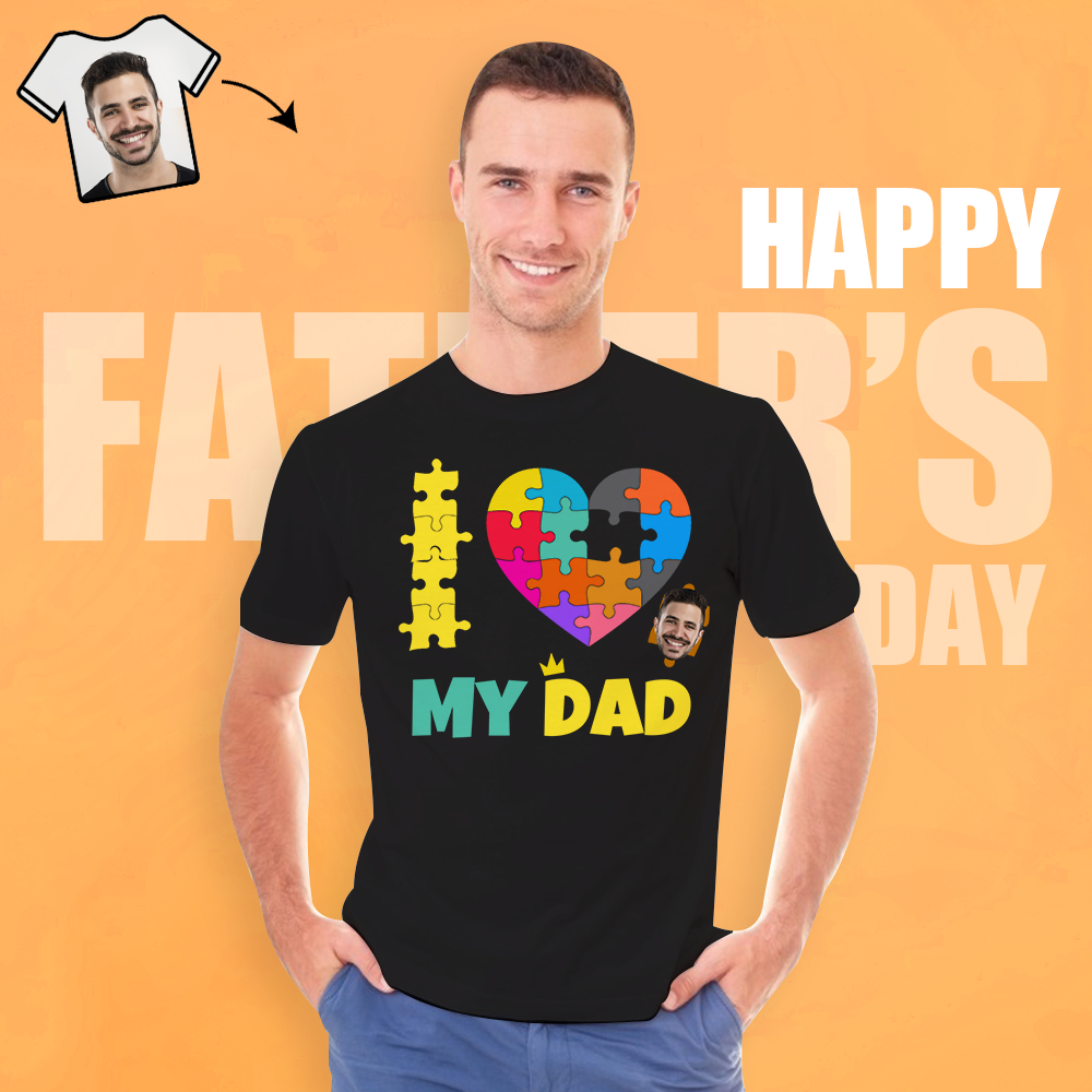 Custom Face Shirt I Love My Dad Personalized Puzzle Heart Men's Cotton T-shirt