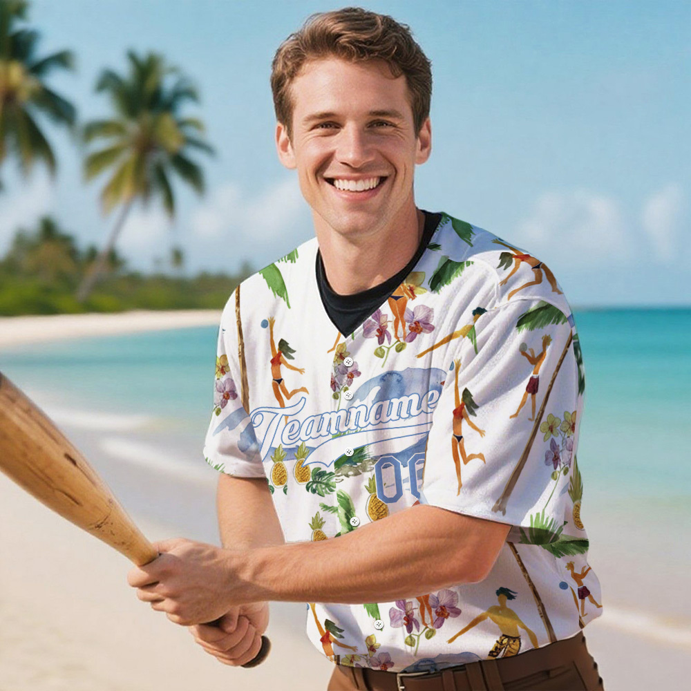 Custom White Light Blue-White 3D Pattern Design Hawaii Palm Trees Authentic Baseball Jersey