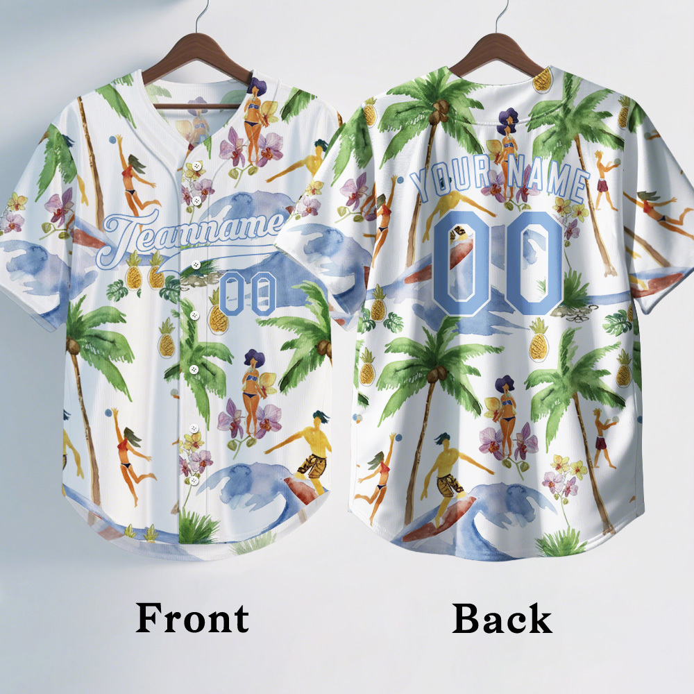 Custom White Light Blue-White 3D Pattern Design Hawaii Palm Trees Authentic Baseball Jersey