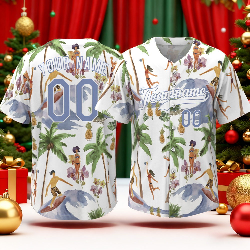Custom White Light Blue-White 3D Pattern Design Hawaii Palm Trees Authentic Baseball Jersey