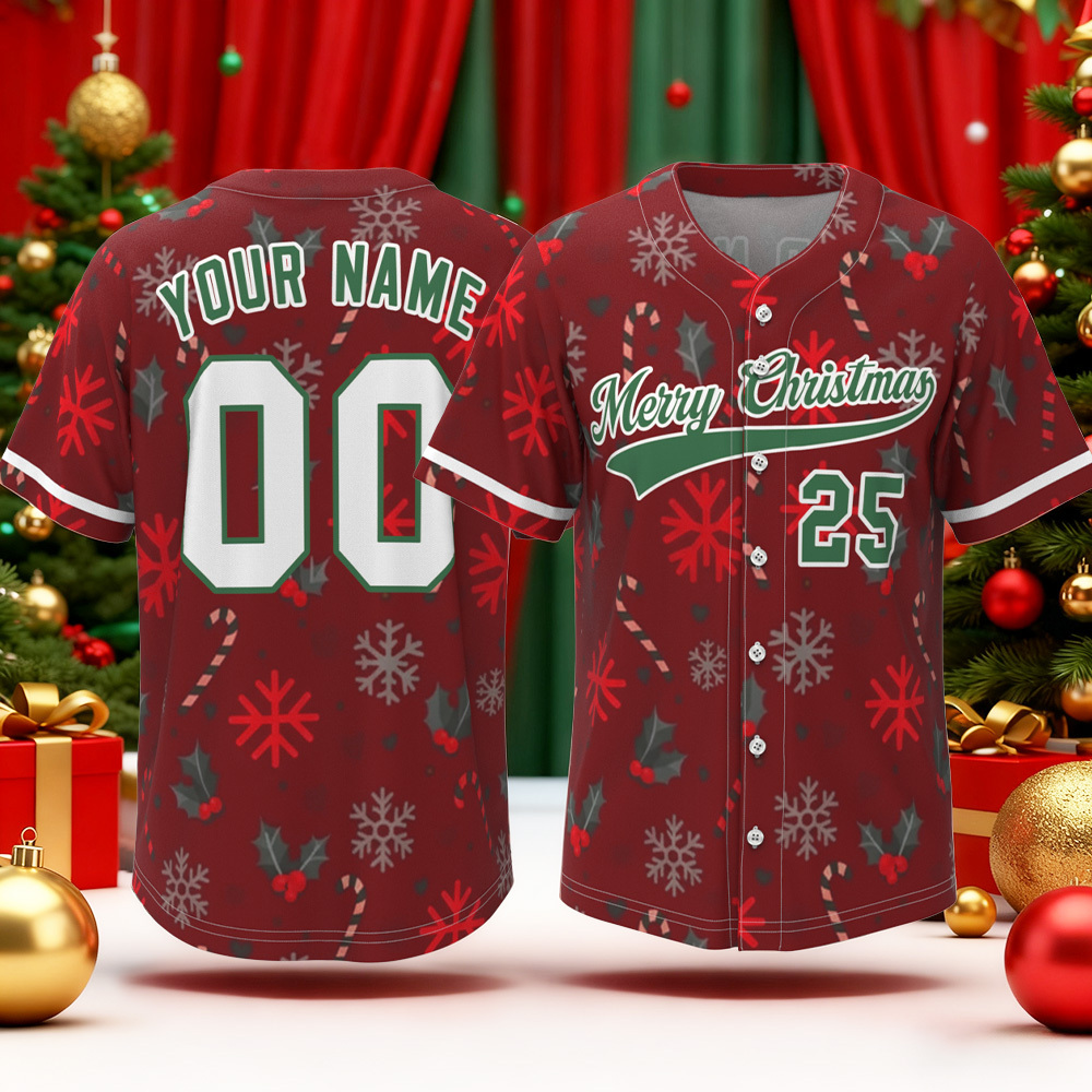 Personalized Christmas Baseball Jersey Adult Kid Youth, Custom Name Number Holiday Jersey, Xmas Gift Team Uniform Merry Christmas Shirt