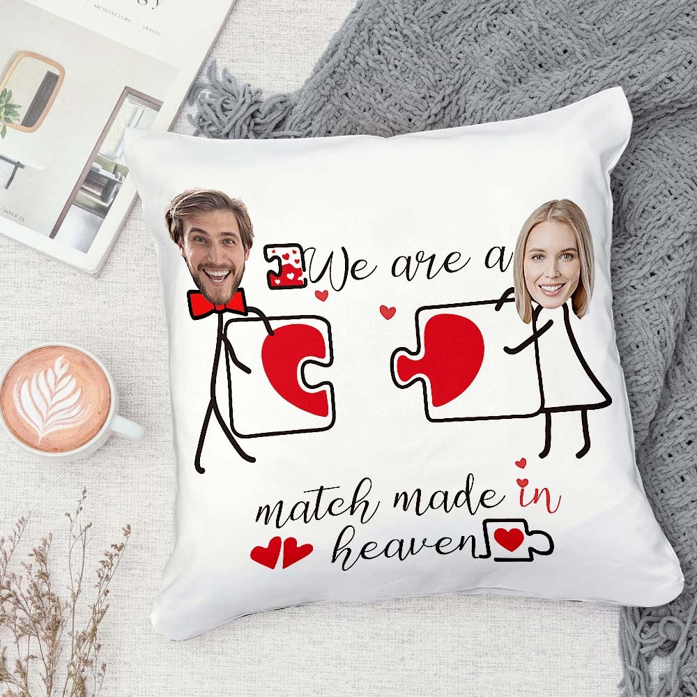 Custom Matchmaker Face Pillow Heartbeat Puzzle Personalized Couple Photo Throw Pillow Valentine's Day Gift - mysiliconefoodbag