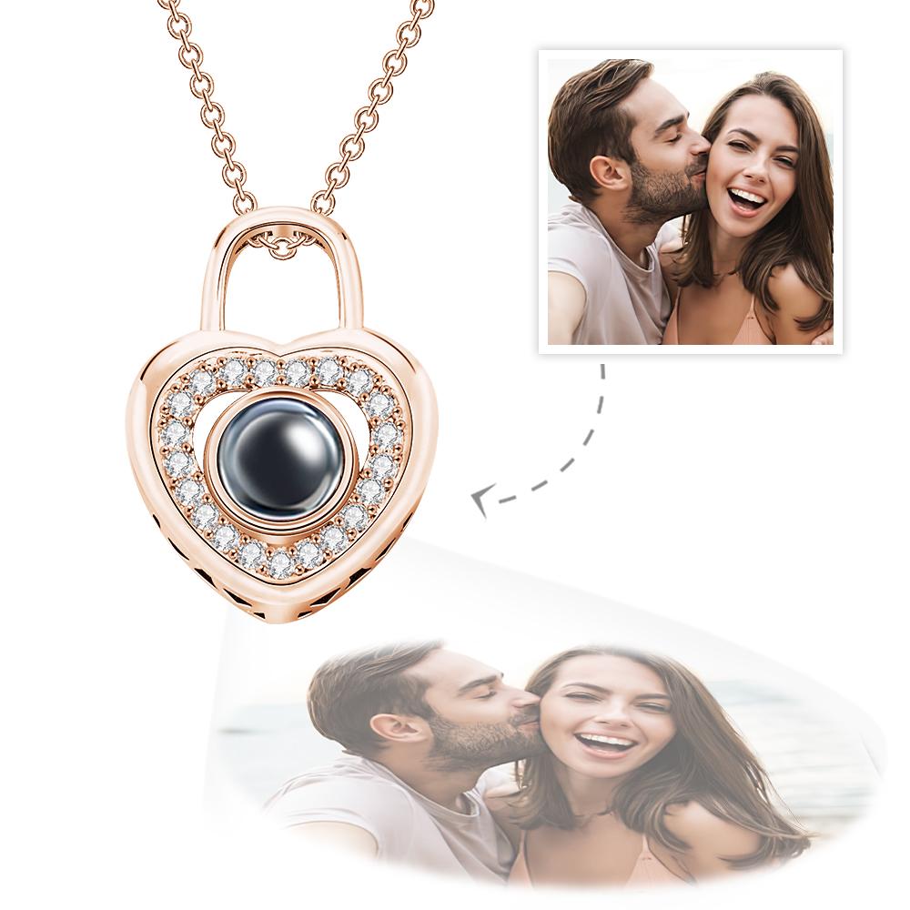 Personalized Photo Projection Necklace Love Heart Lock Shaped Pendant Valentine's Day Gift