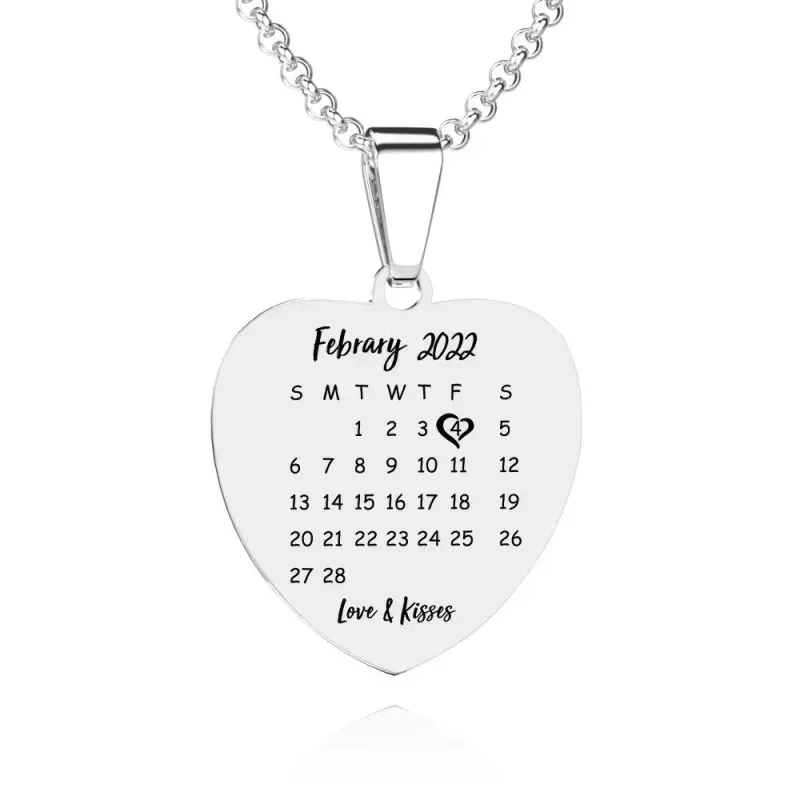Heart Photo Calendar Engraved Tag Necklace With Engraving Stainless Steel Gifts for Her