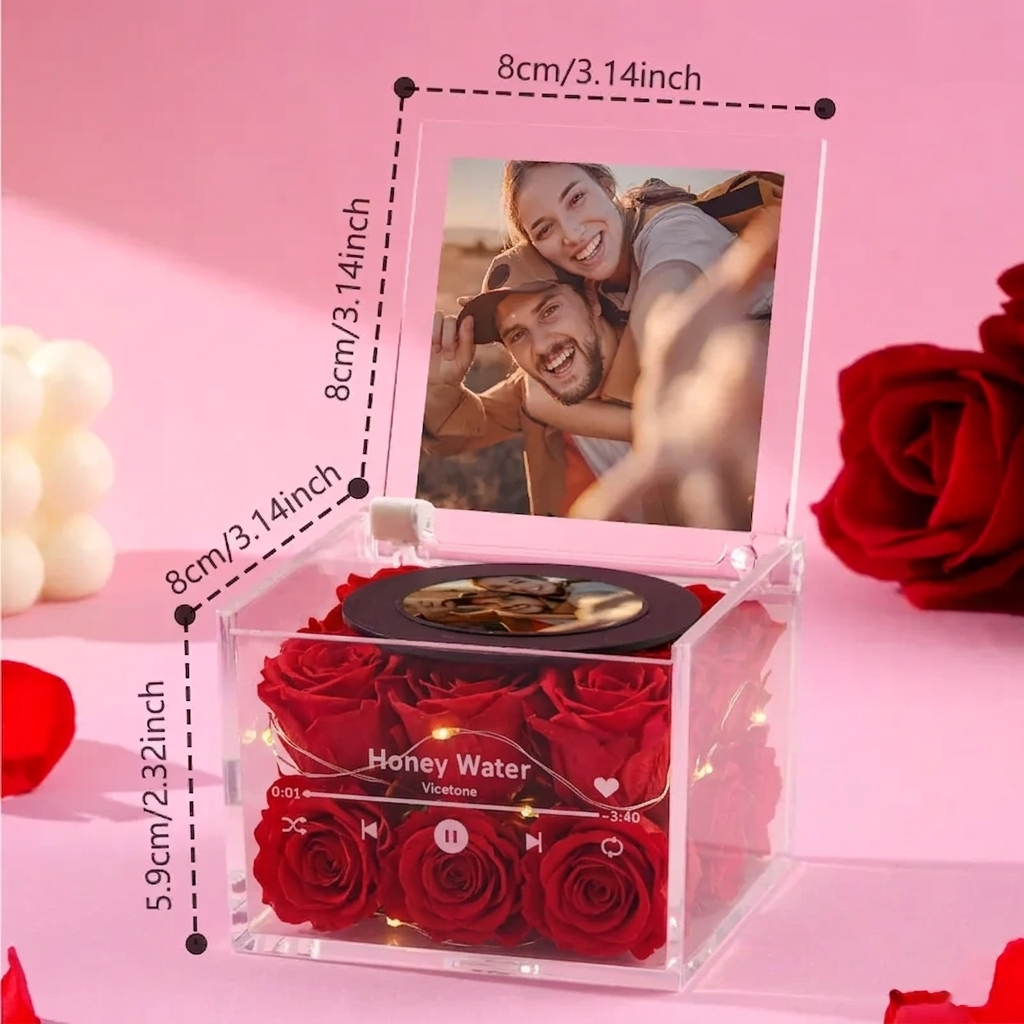 Rose Music Record Auto-Music Player Custom Photo with Light Personalized Music Acrylic Box for Best Mom on Mother's Day