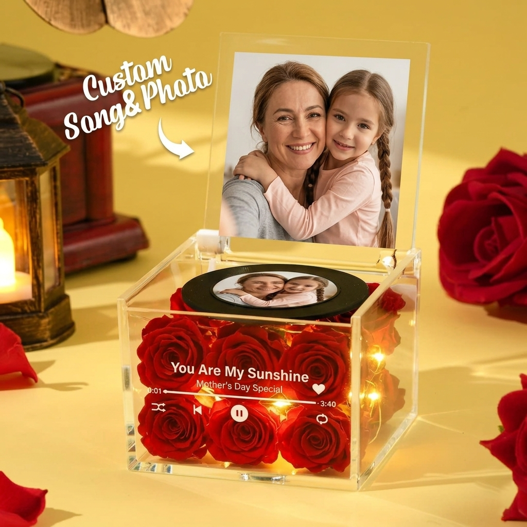 Rose Music Record Auto-Music Player Custom Photo with Light Personalized Music Acrylic Box for Best Mom on Mother's Day