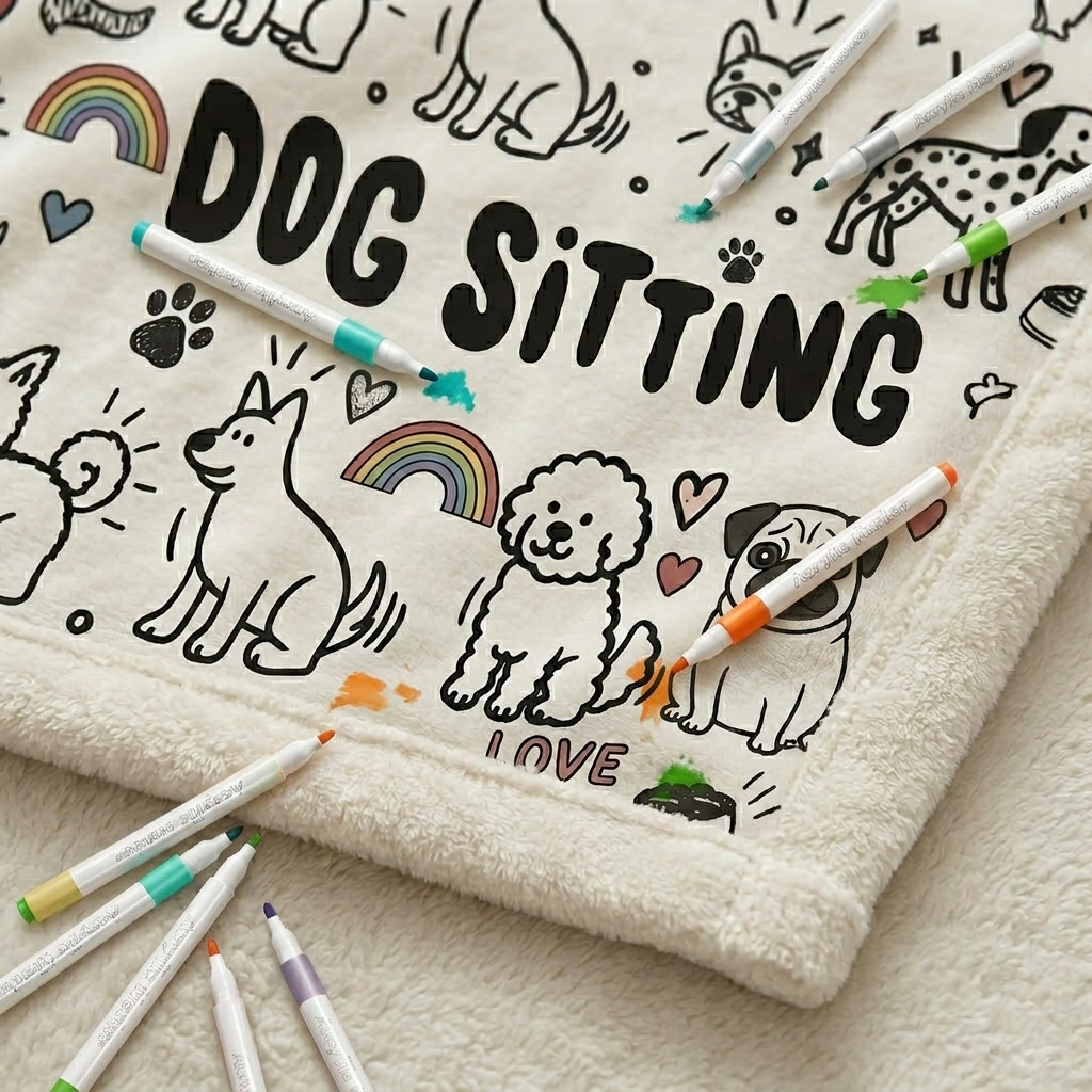 DIY Drawing Blanket with 24 Colors Markers, Doodle Cats & Dogs Pet Blankets, Customizable Washable Art Blankets for Cat Lovers