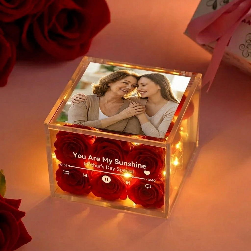 Rose Music Record Auto-Music Player Custom Photo with Light Personalized Music Acrylic Box for Best Mom on Mother's Day