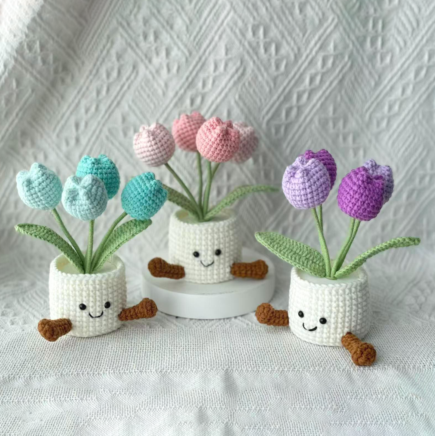 Handmade Crochet Tulip Flower Pot, Pink, Purple, Orange, or Blue, Cute Gift for Her, Girlfriend, Friend, Colleague, Crochet Rose Bouquet