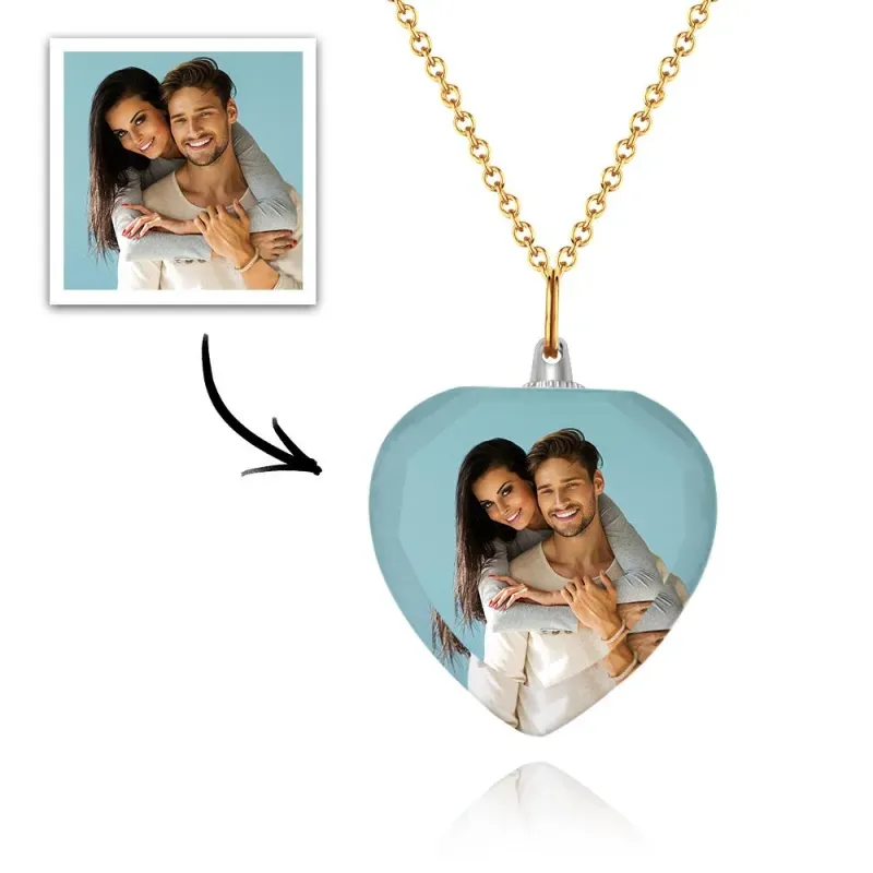Custom Photo Heart Shaped Crystal Necklace Personalized Charm Pendant Couple's Valentine's Day Gifts