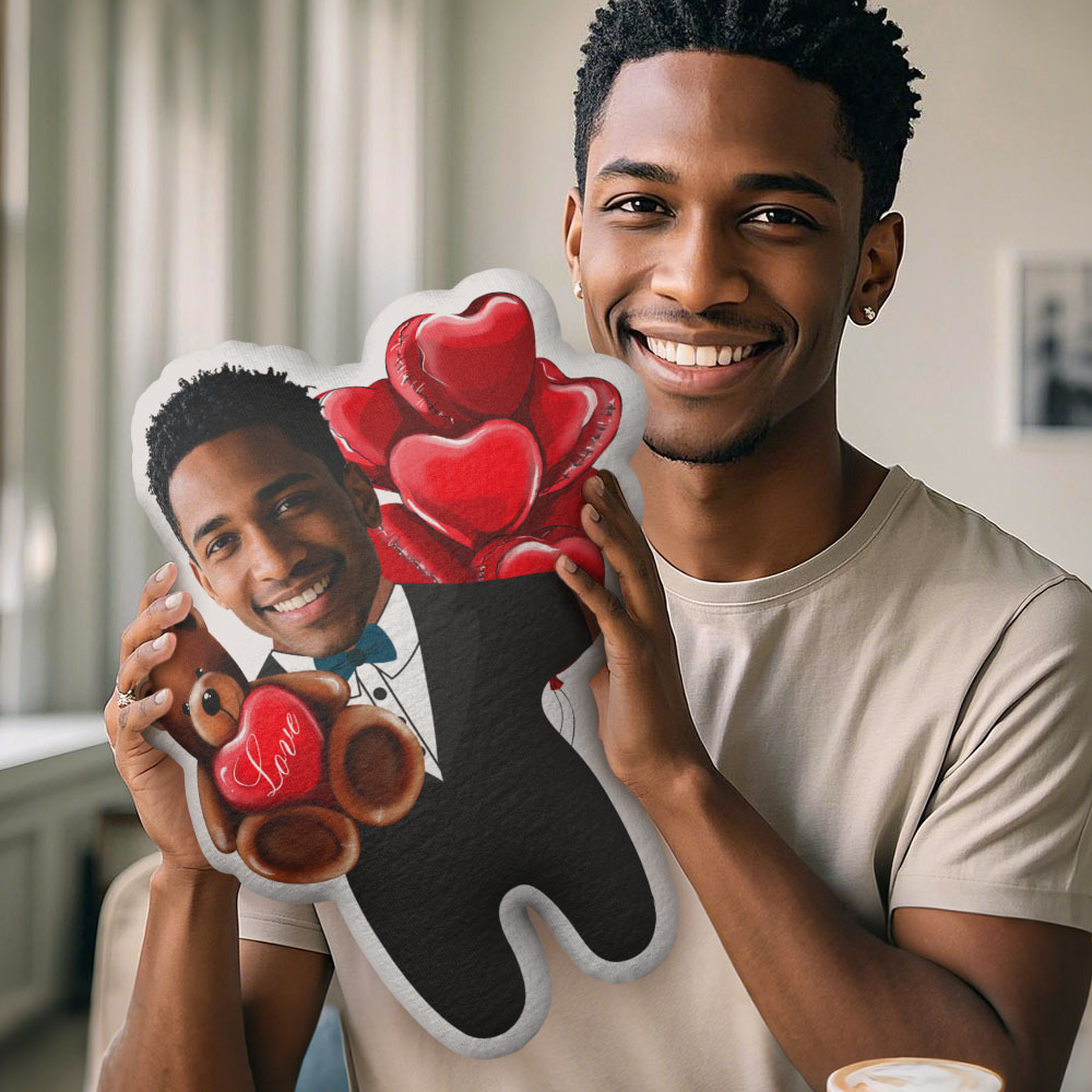 Valentine's Day Gift Custom Face Pillow, Cartoon Male in Suit Hold Bear Face Doll, the Best Gift for Lover