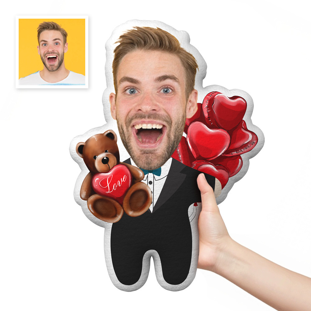 Valentine's Day Gift Custom Face Pillow, Cartoon Male in Suit Hold Bear Face Doll, the Best Gift for Lover