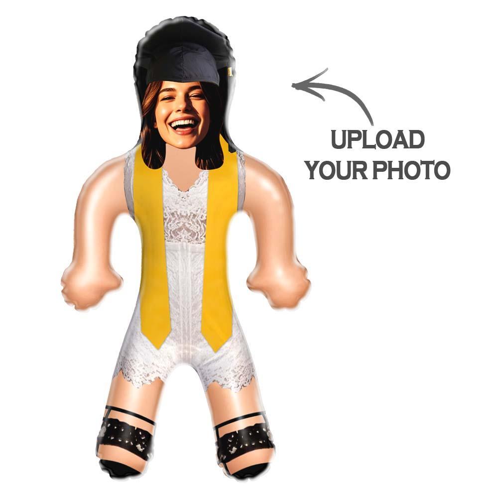 Custom Face Inflatable Grad Doll White Dress with Yellow Stole Personalized Graduation Air Minime Doll - mysiliconefoodbag