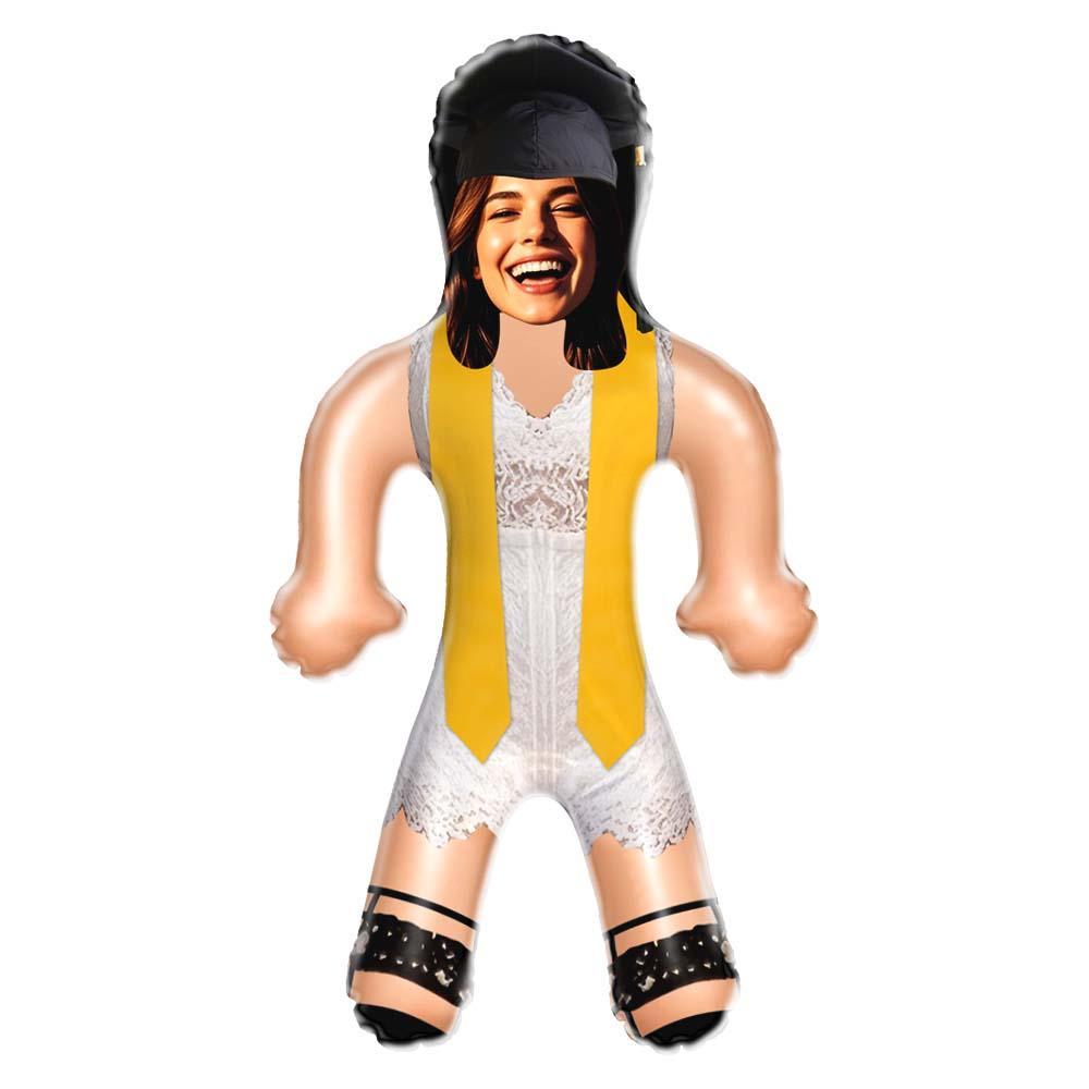 Custom Face Inflatable Grad Doll White Dress with Yellow Stole Personalized Graduation Air Minime Doll - mysiliconefoodbag