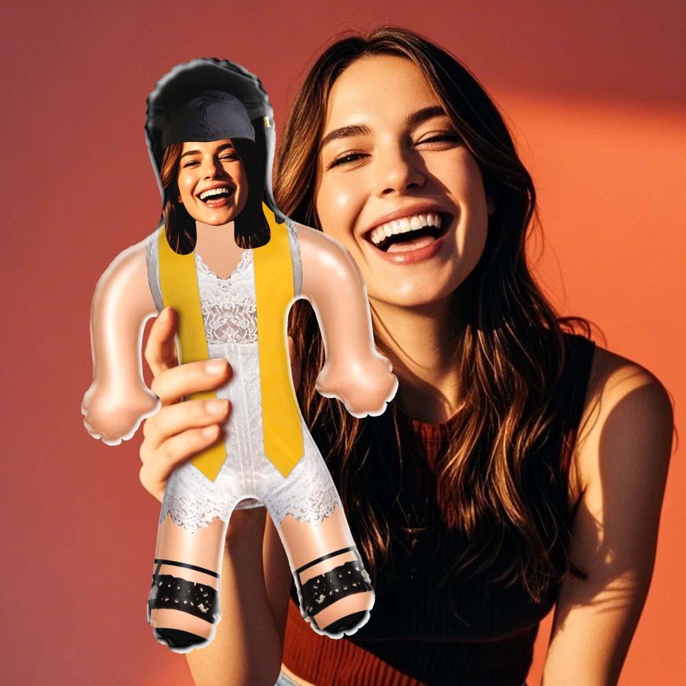 Custom Face Inflatable Grad Doll White Dress with Yellow Stole Personalized Graduation Air Minime Doll - mysiliconefoodbag