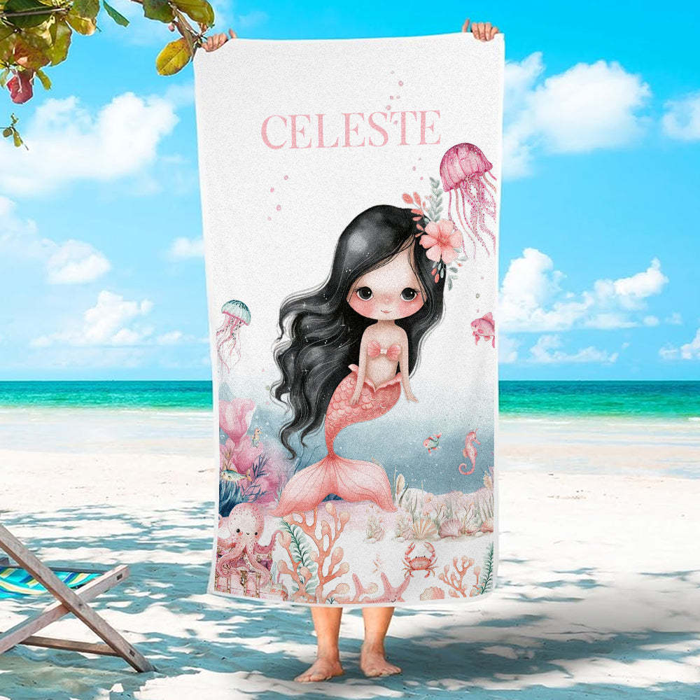 Personalized Cute Mermaid Beach Towel with Name Beach Vacation Accessories Gift for Girl - MyFaceTshirt
