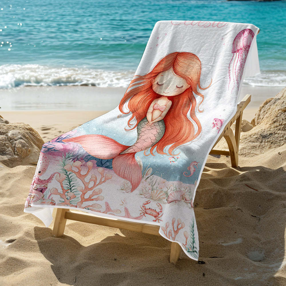 Personalized Cute Mermaid Beach Towel with Name Beach Vacation Accessories Gift for Girl - MyFaceTshirt