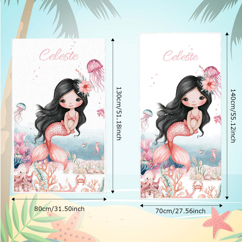 Personalized Cute Mermaid Beach Towel with Name Beach Vacation Accessories Gift for Girl - MyFaceTshirt