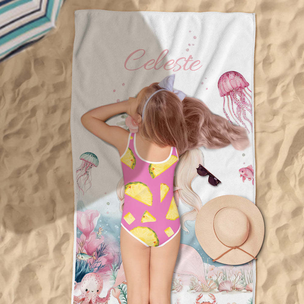Personalized Cute Mermaid Beach Towel with Name Beach Vacation Accessories Gift for Girl - MyFaceTshirt