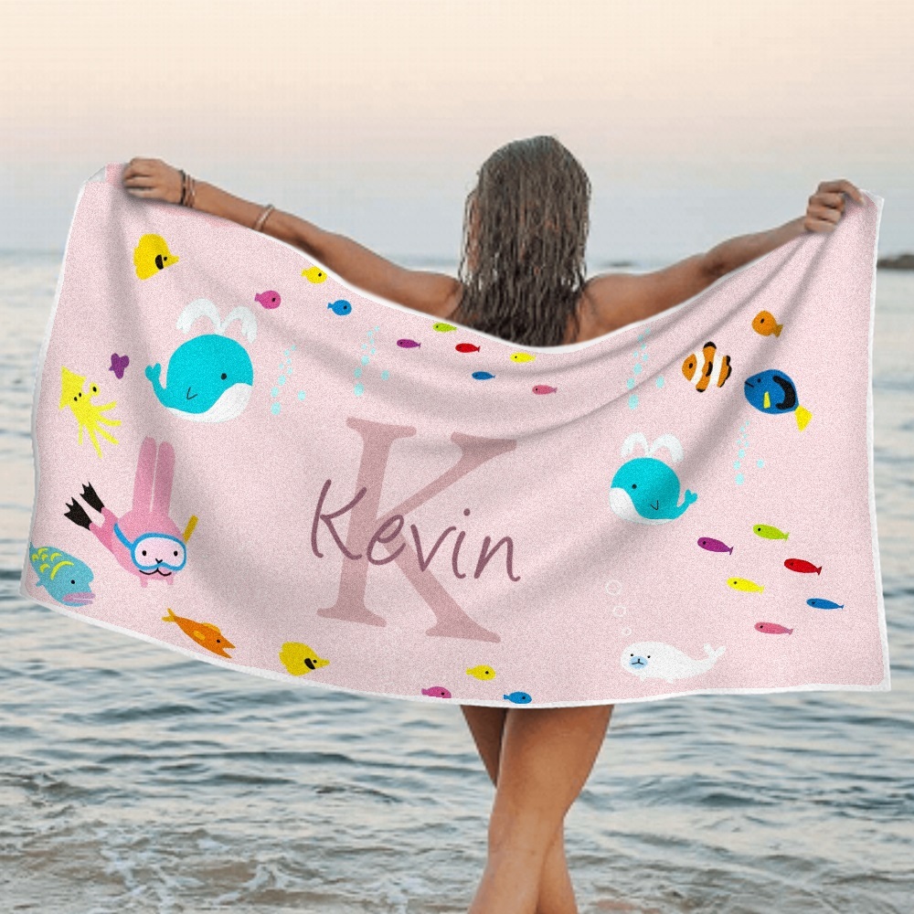 Personalized Custom Beach Towel Underwater World Cartoon Animals Gift for Kid - MyFaceTshirt