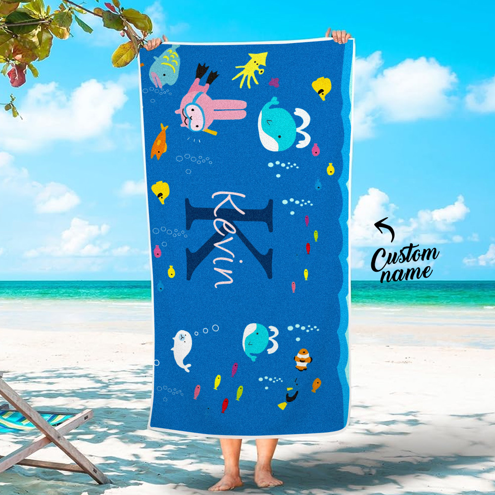 Personalized Custom Beach Towel Underwater World Cartoon Animals Gift for Kid - MyFaceTshirt