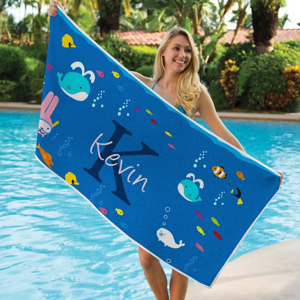 Personalized Custom Beach Towel Underwater World Cartoon Animals Gift for Kid - MyFaceTshirt
