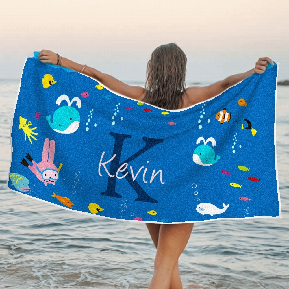 Personalized Custom Beach Towel Underwater World Cartoon Animals Gift for Kid - MyFaceTshirt