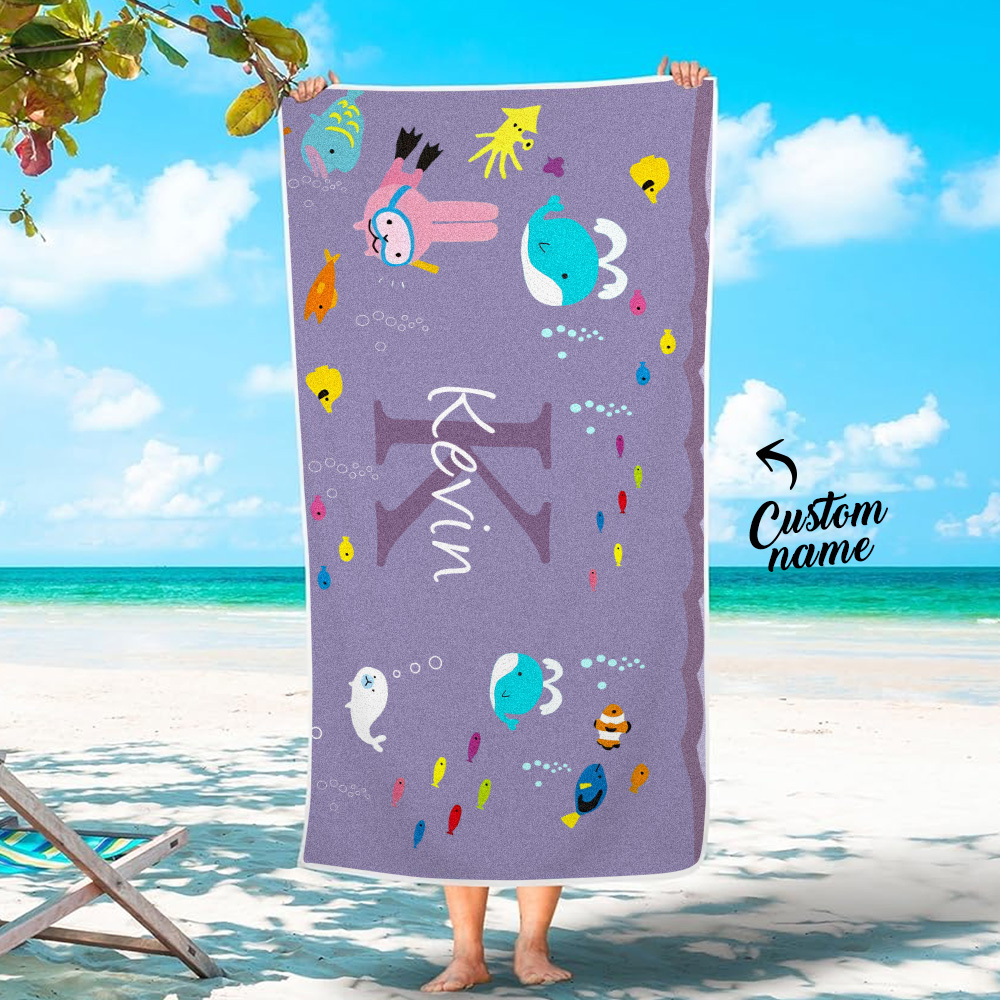 Personalized Custom Beach Towel Underwater World Cartoon Animals Gift for Kid - MyFaceTshirt