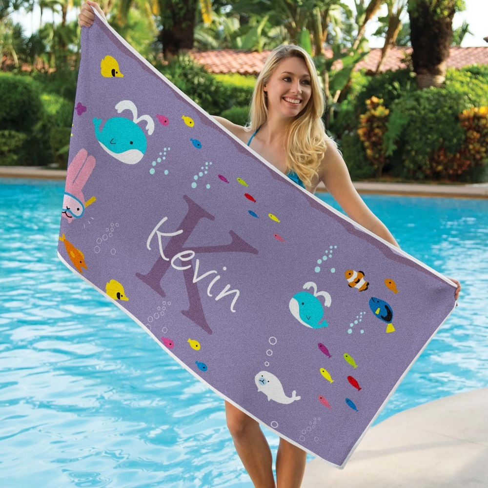 Personalized Custom Beach Towel Underwater World Cartoon Animals Gift for Kid - MyFaceTshirt
