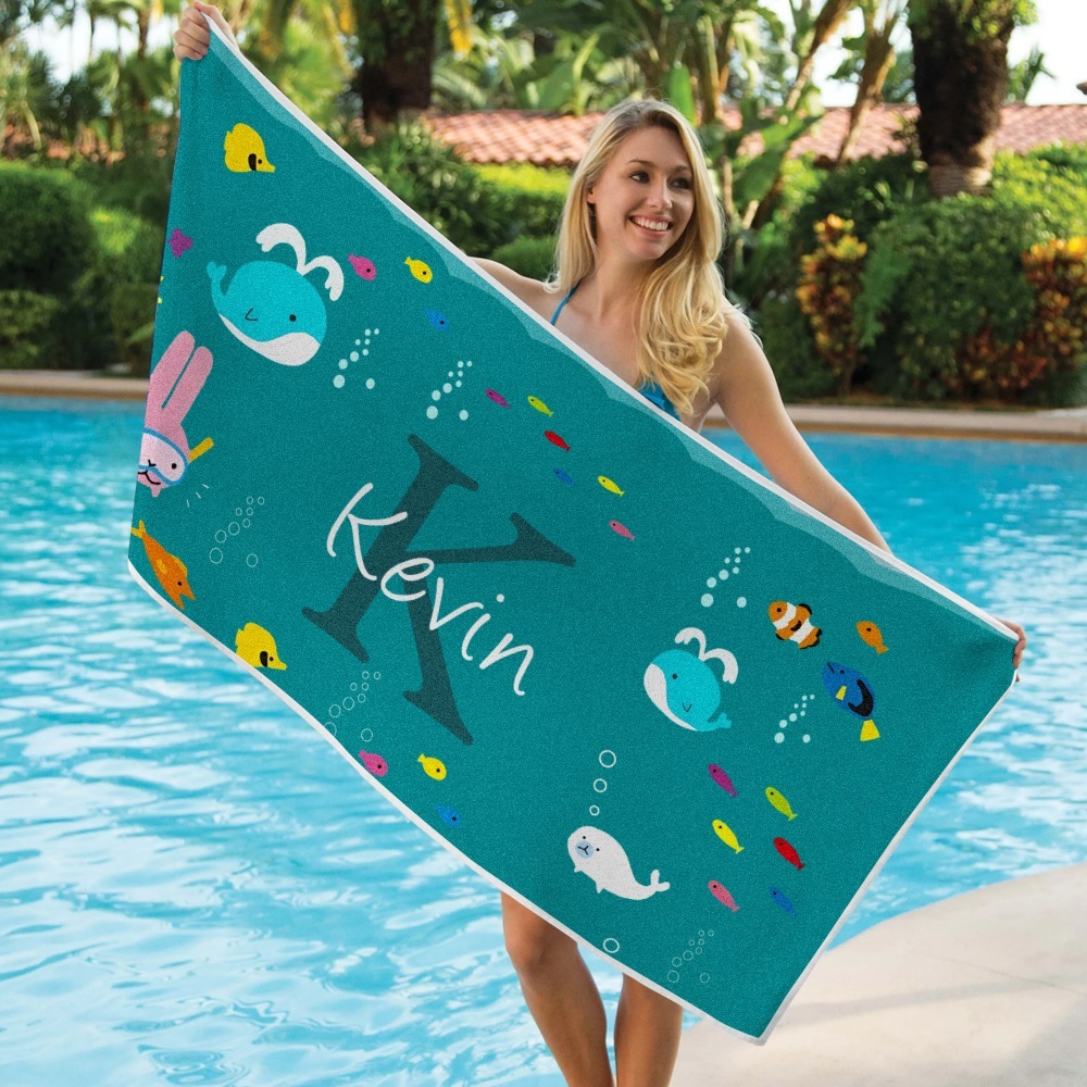 Personalized Custom Beach Towel Underwater World Cartoon Animals Gift for Kid - MyFaceTshirt