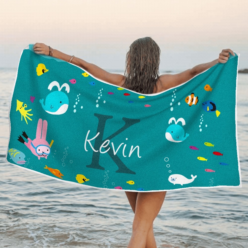 Personalized Custom Beach Towel Underwater World Cartoon Animals Gift for Kid - MyFaceTshirt