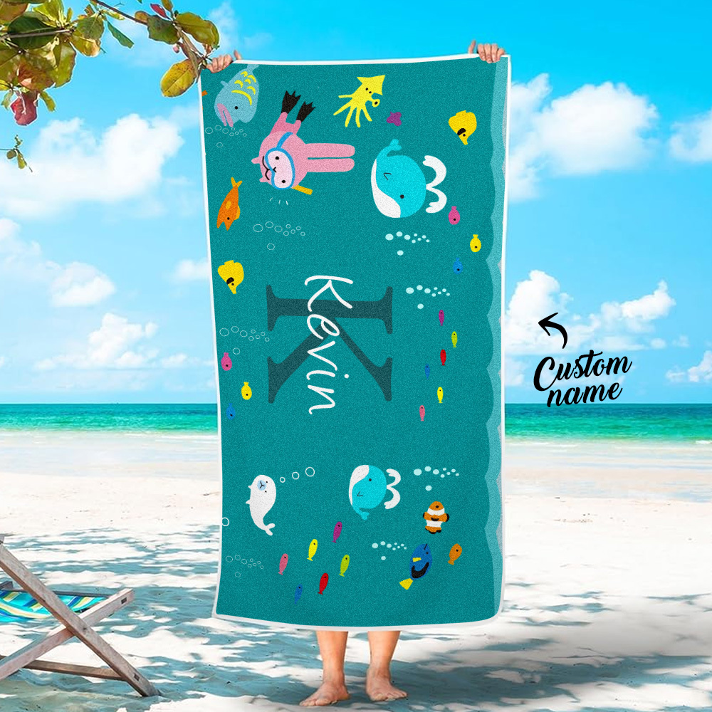 Personalized Custom Beach Towel Underwater World Cartoon Animals Gift for Kid - MyFaceTshirt