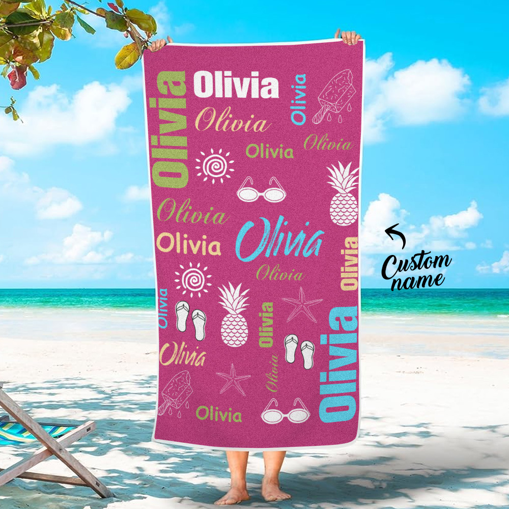 Personalized colorful Beach Towel with Name Summer Vacation Party Gift for Kid - MyFaceTshirt
