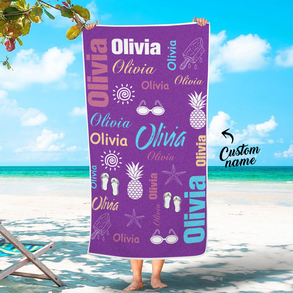 Personalized colorful Beach Towel with Name Summer Vacation Party Gift for Kid - MyFaceTshirt