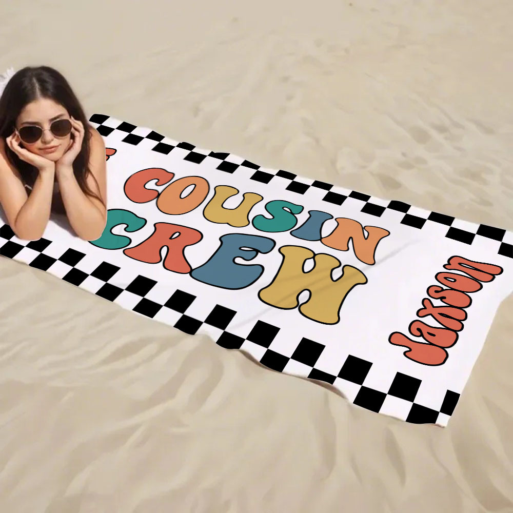 Personalized Cousin Crew Beach Towel, Custom Name Pool Bath Towel, Cousin Family Reunion Gift, Retro Checkered Beach Towel, Cousin Crew Beach Towel