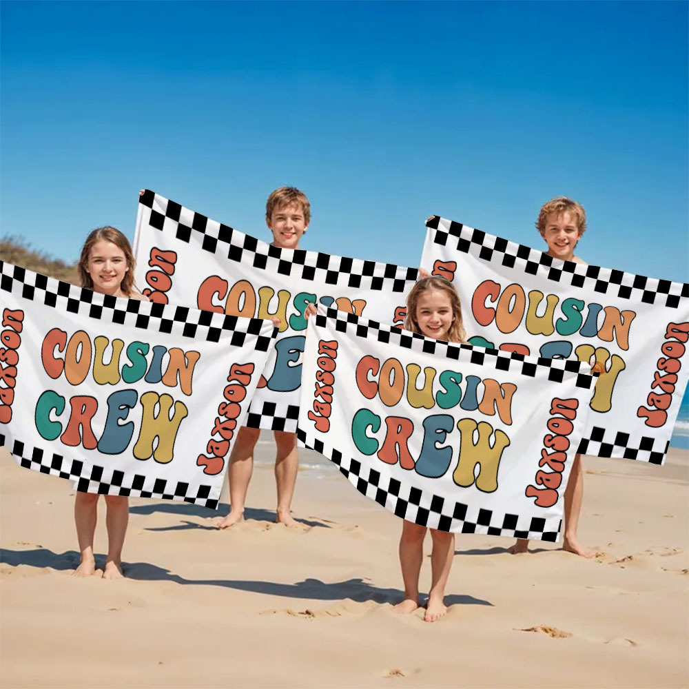 Personalized Cousin Crew Beach Towel, Custom Name Pool Bath Towel, Cousin Family Reunion Gift, Retro Checkered Beach Towel, Cousin Crew Beach Towel