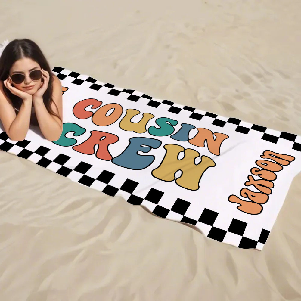 Personalized Cousin Crew Beach Towel, Custom Name Pool Bath Towel, Cousin Family Reunion Gift, Retro Checkered Beach Towel, Cousin Crew Beach Towel
