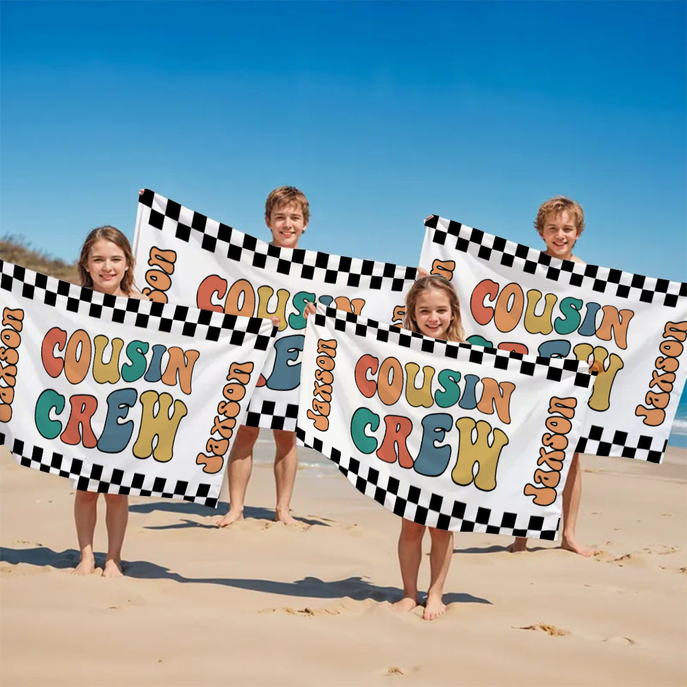 Personalized Cousin Crew Beach Towel, Custom Name Pool Bath Towel, Cousin Family Reunion Gift, Retro Checkered Beach Towel, Cousin Crew Beach Towel