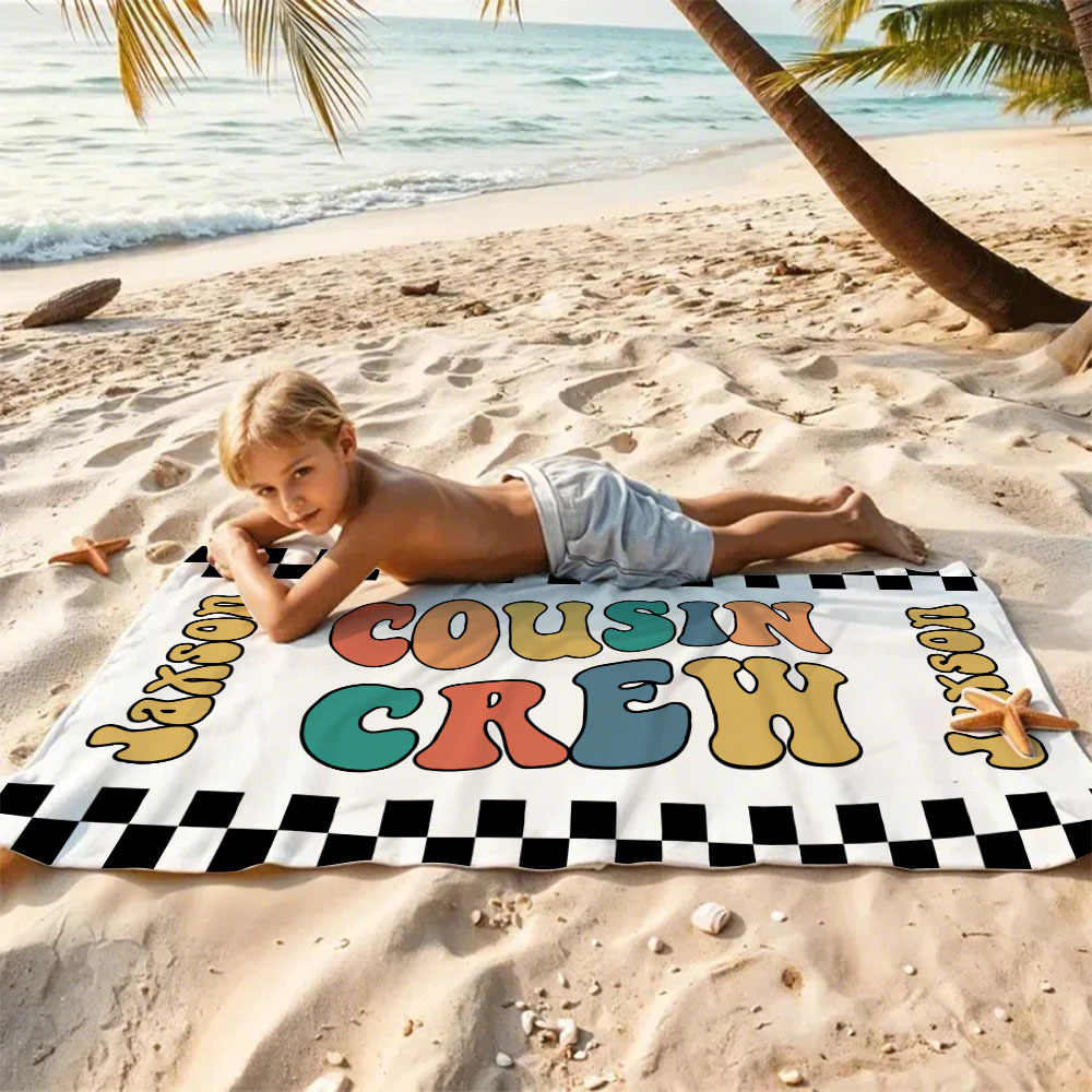 Personalized Cousin Crew Beach Towel, Custom Name Pool Bath Towel, Cousin Family Reunion Gift, Retro Checkered Beach Towel, Cousin Crew Beach Towel