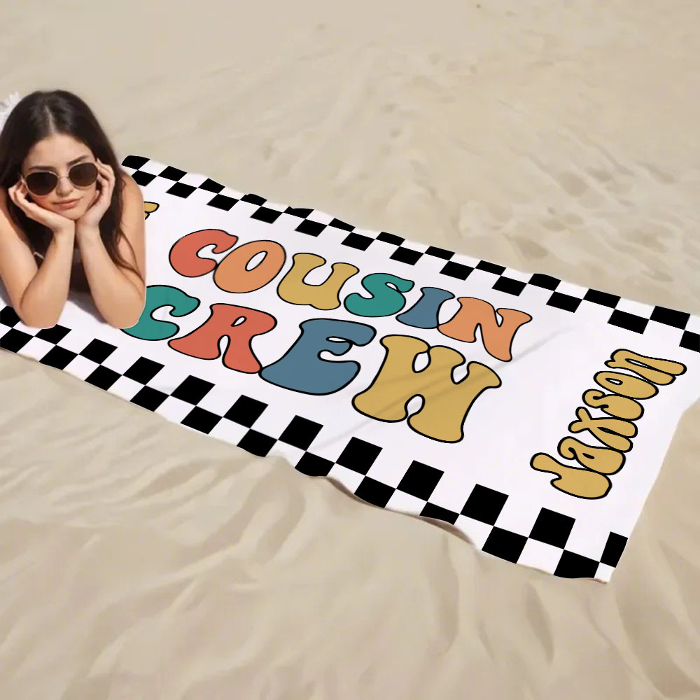 Personalized Cousin Crew Beach Towel, Custom Name Pool Bath Towel, Cousin Family Reunion Gift, Retro Checkered Beach Towel, Cousin Crew Beach Towel