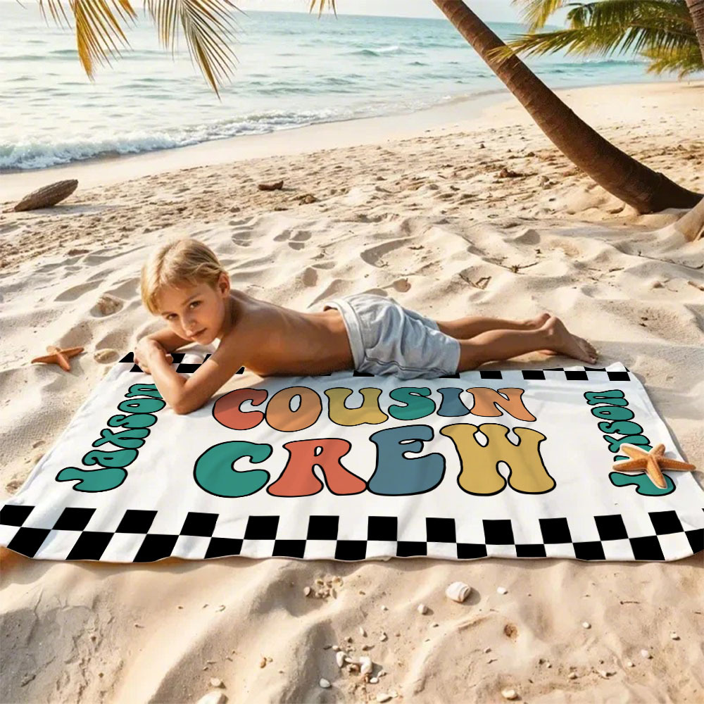 Personalized Cousin Crew Beach Towel, Custom Name Pool Bath Towel, Cousin Family Reunion Gift, Retro Checkered Beach Towel, Cousin Crew Beach Towel