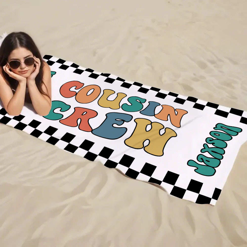 Personalized Cousin Crew Beach Towel, Custom Name Pool Bath Towel, Cousin Family Reunion Gift, Retro Checkered Beach Towel, Cousin Crew Beach Towel
