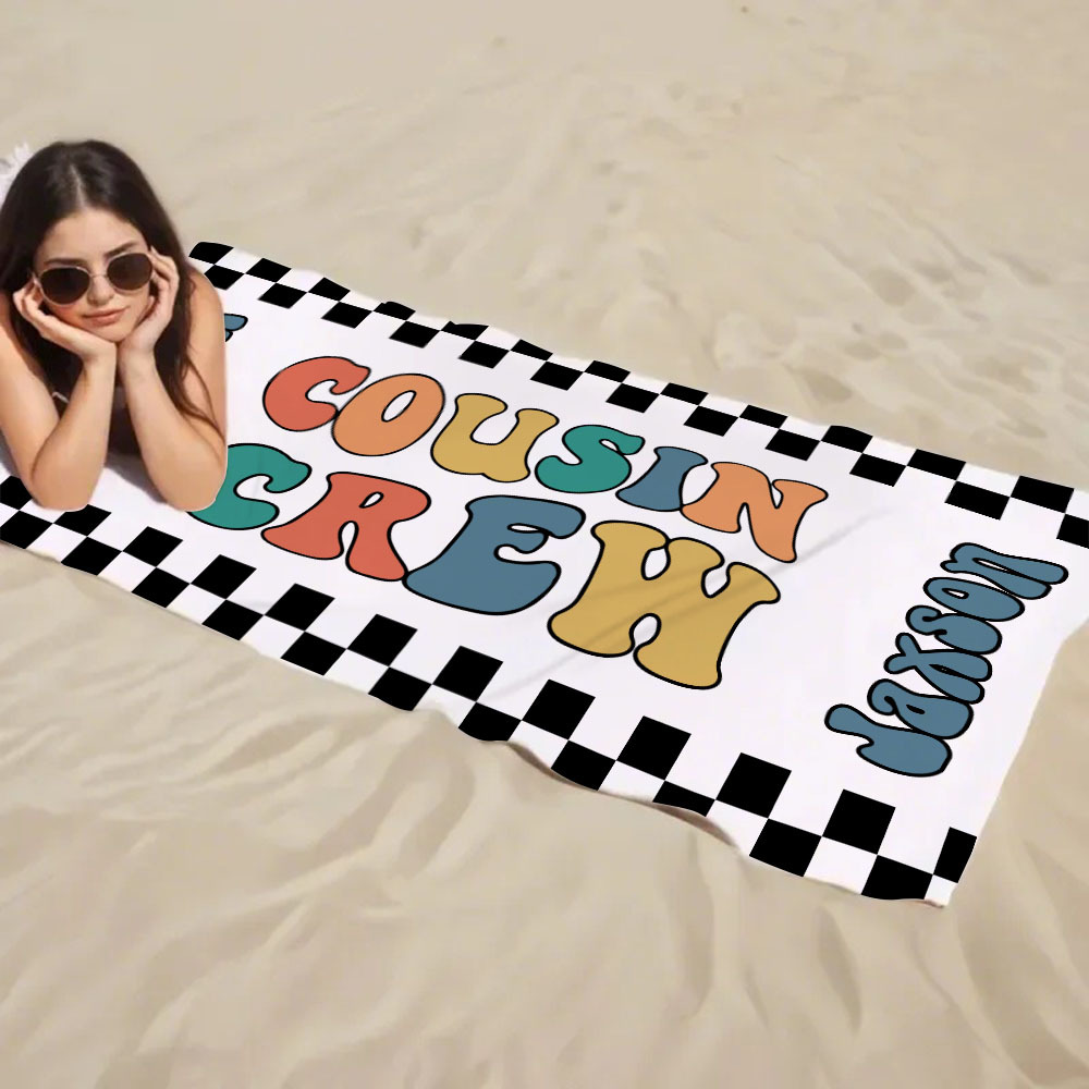 Personalized Cousin Crew Beach Towel, Custom Name Pool Bath Towel, Cousin Family Reunion Gift, Retro Checkered Beach Towel, Cousin Crew Beach Towel