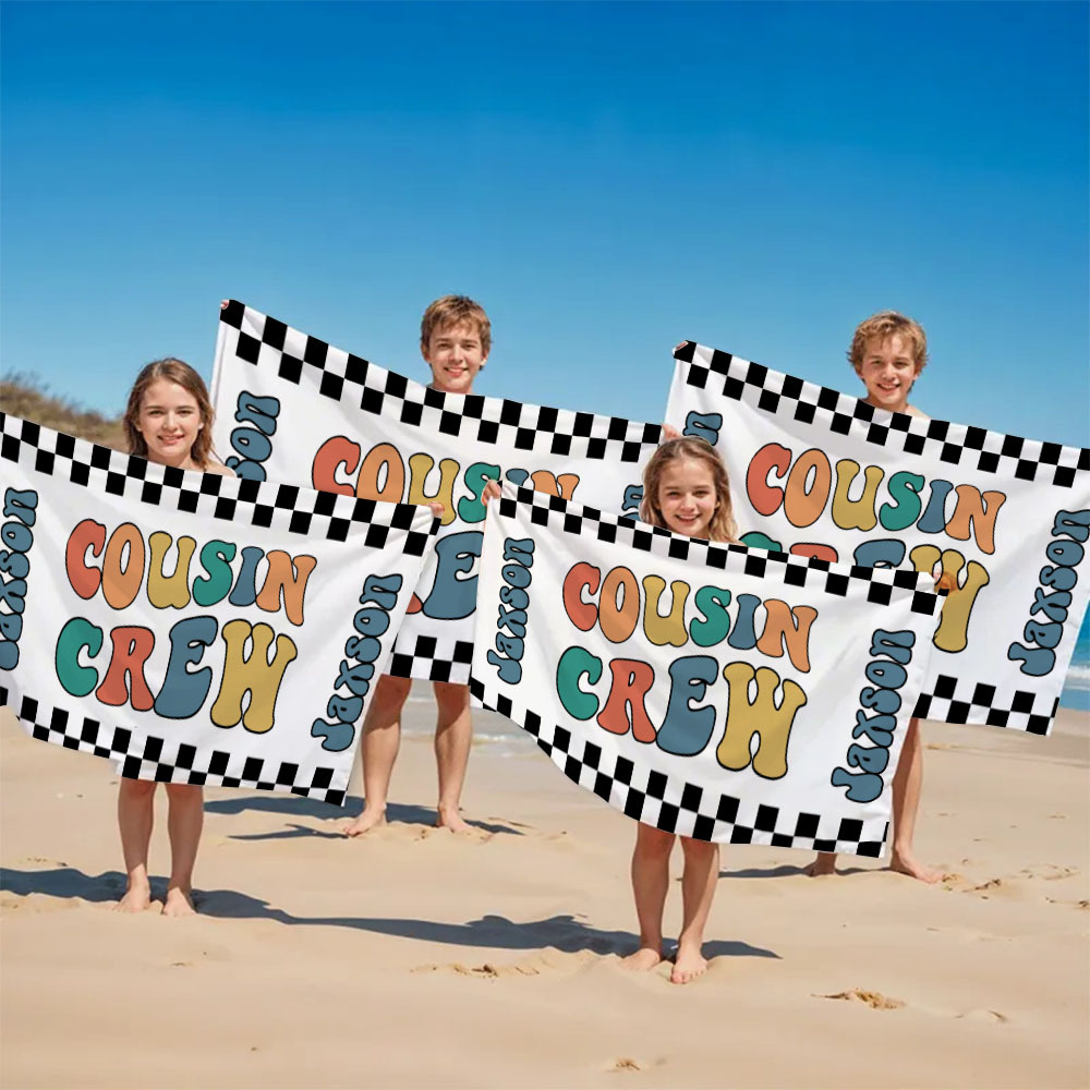 Personalized Cousin Crew Beach Towel, Custom Name Pool Bath Towel, Cousin Family Reunion Gift, Retro Checkered Beach Towel, Cousin Crew Beach Towel