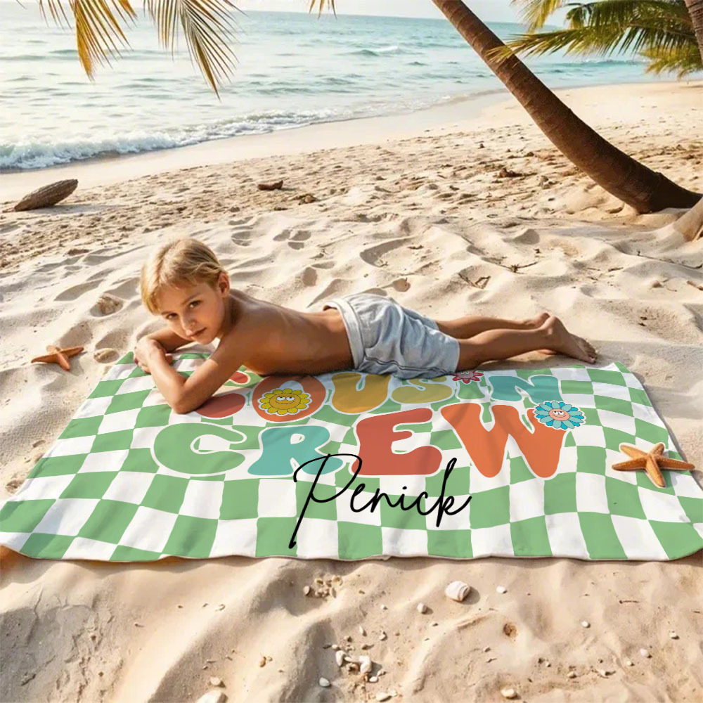 Personalised Cousin Crew Plaid Design Oversized Quick Dry Beach Towel with Name Birthday Summer Vacation Accessory Gift for Kids