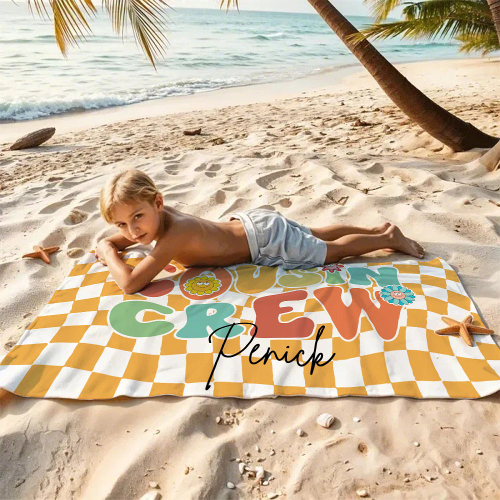 Personalised Cousin Crew Plaid Design Oversized Quick Dry Beach Towel with Name Birthday Summer Vacation Accessory Gift for Kids