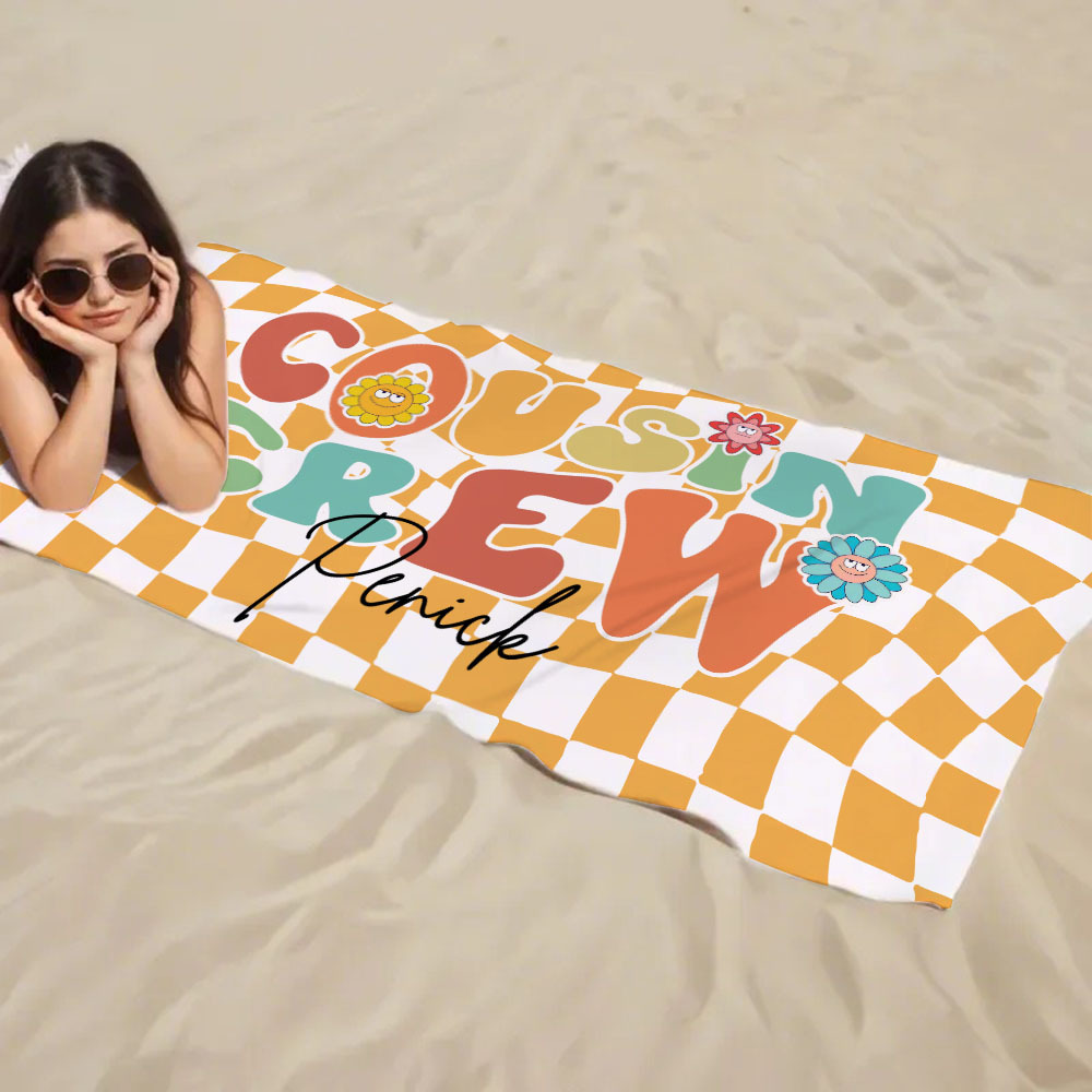 Personalised Cousin Crew Plaid Design Oversized Quick Dry Beach Towel with Name Birthday Summer Vacation Accessory Gift for Kids