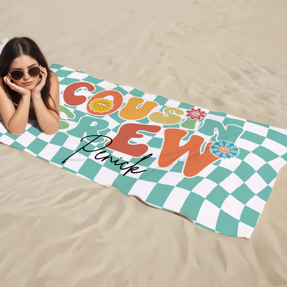 Personalised Cousin Crew Plaid Design Oversized Quick Dry Beach Towel with Name Birthday Summer Vacation Accessory Gift for Kids
